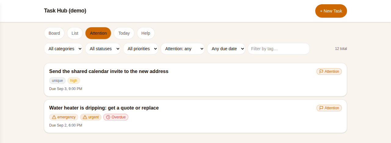 The Attention view showing two tasks: send the shared calendar invite, flagged for a human, and an overdue urgent water heater task