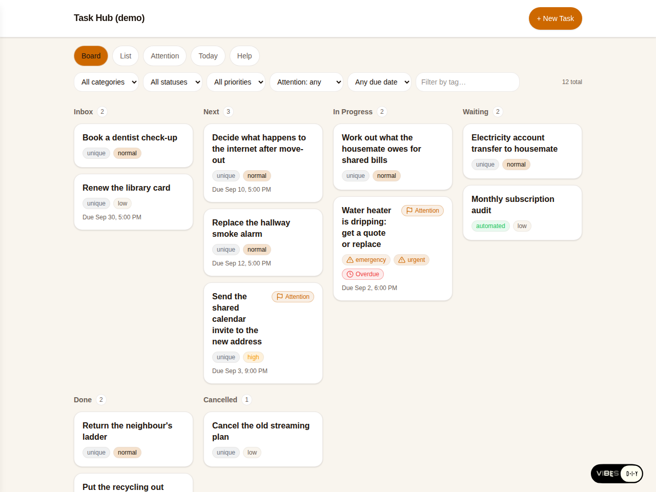 The Task Hub board: Inbox, Next, In Progress, Waiting, Done and Cancelled columns, with cards carrying category, priority, due date and Attention badges