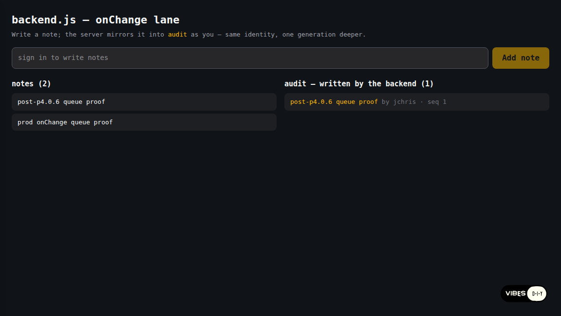 A vibe with two columns: user-written notes on the left, and an audit column on the right written by the backend, attributed to the same user.