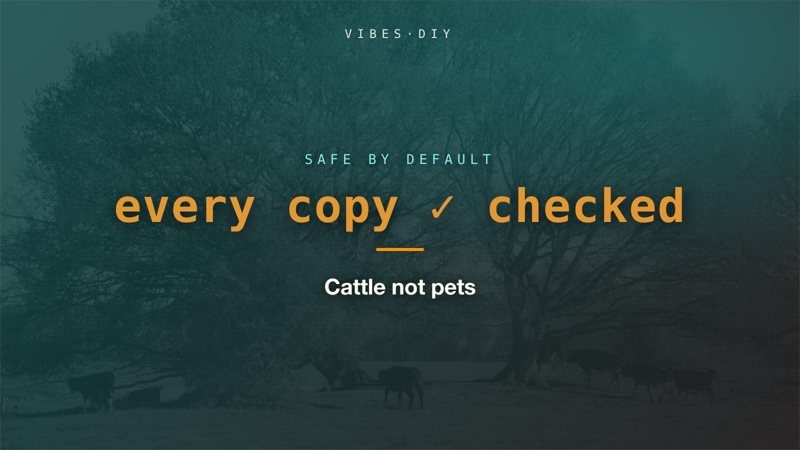 A small herd of black-and-white cattle walking across a meadow under a broad spreading tree, in a cyan duotone, with the post title set over it. The title card for a post about security settings that are on by default.