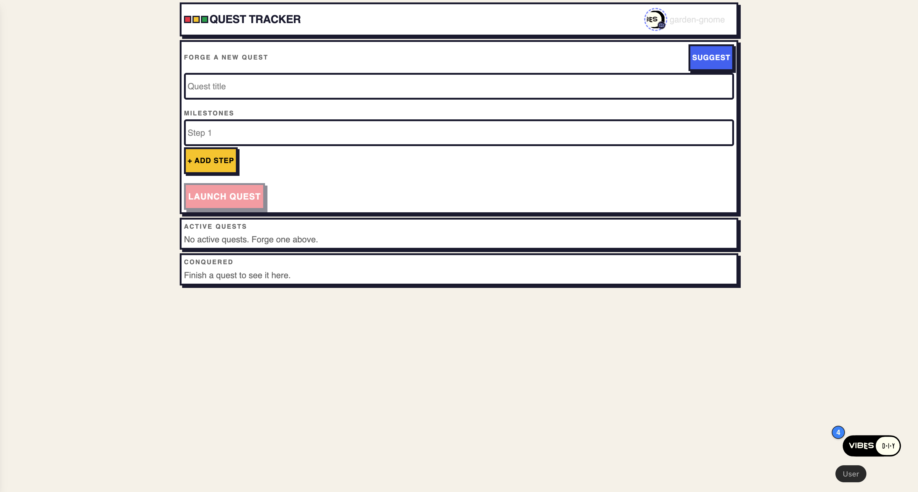 Single-user Quest Tracker generated from the as-is prompt
