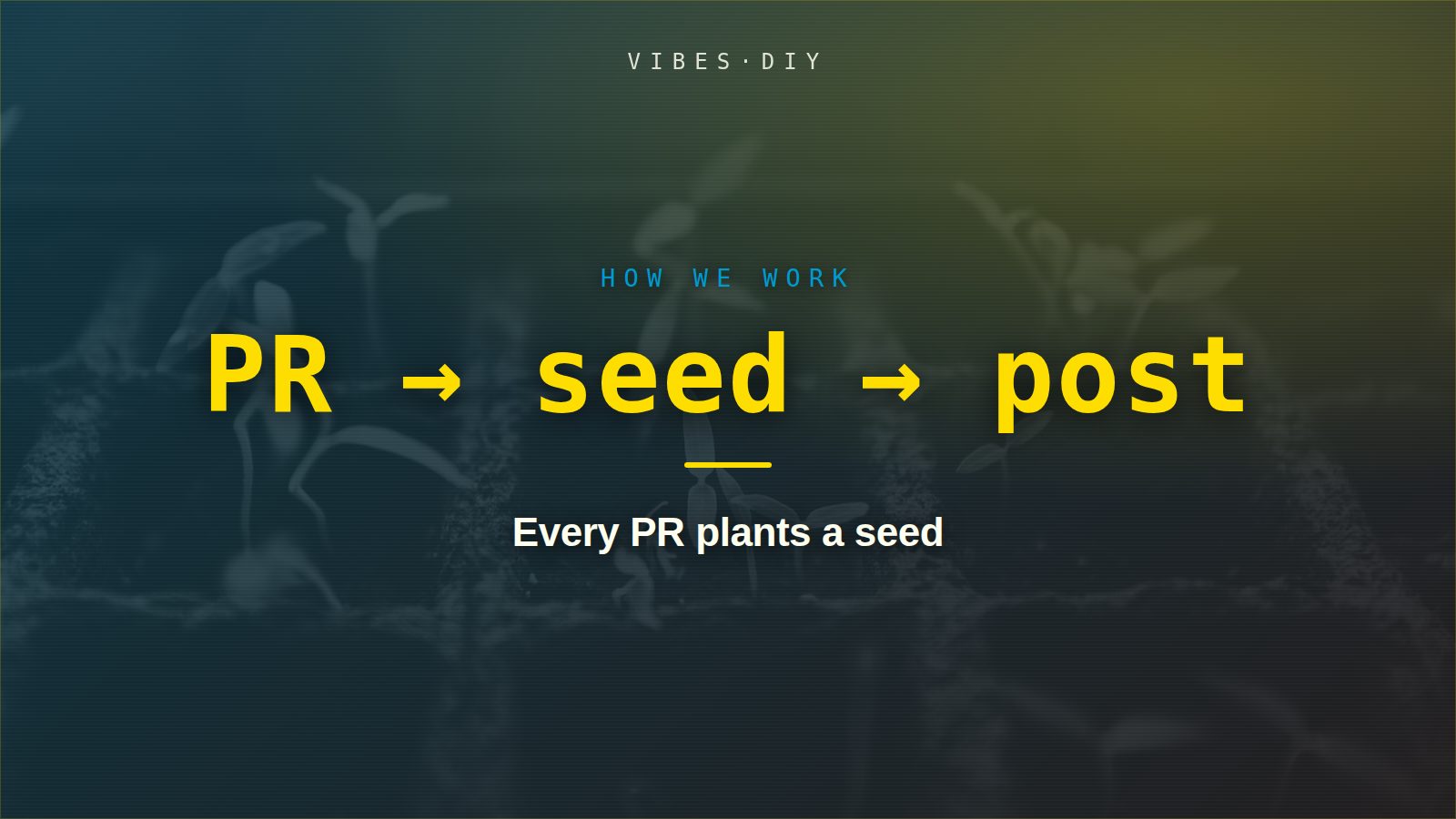 Title card: “PR → seed → post” set over young seedlings sprouting from soil, in the Vibes DIY teal-and-goldenrod style.