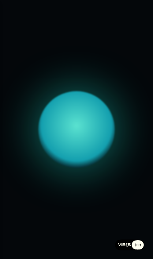 A minimal ambient vibe — a single glowing teal-green orb on a near-black background — rendered full-bleed in its iframe on mobile