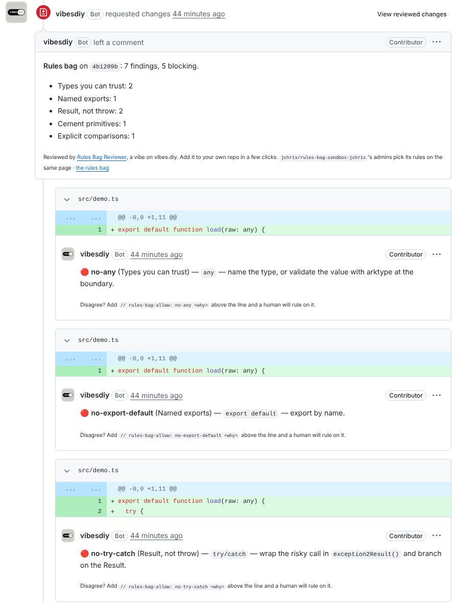A GitHub pull request where the vibesdiy bot requested changes. The summary reads Rules bag: 7 findings, 5 blocking, broken down by rule, followed by line comments on src/demo.ts such as no-any, no-export-default and no-try-catch, each with a suggestion and a note on how to ask for an exception.