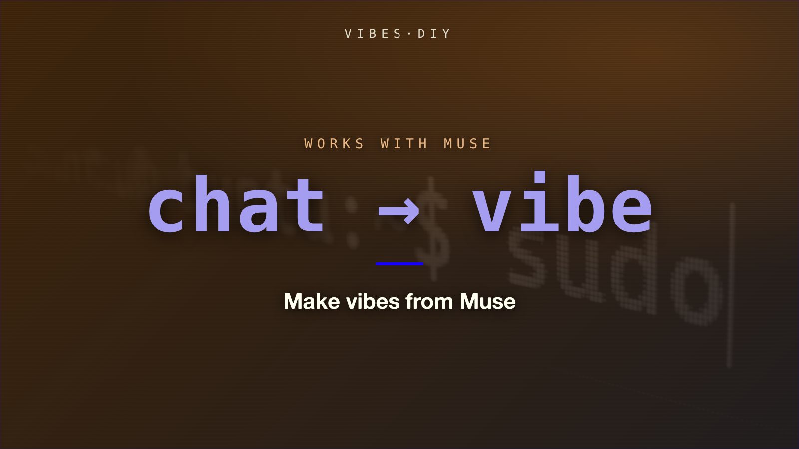 A terminal prompt with a blinking cursor, in a warm amber duotone, with the post title set over it. The title card for a post about making vibes from Muse through the command-line tool.
