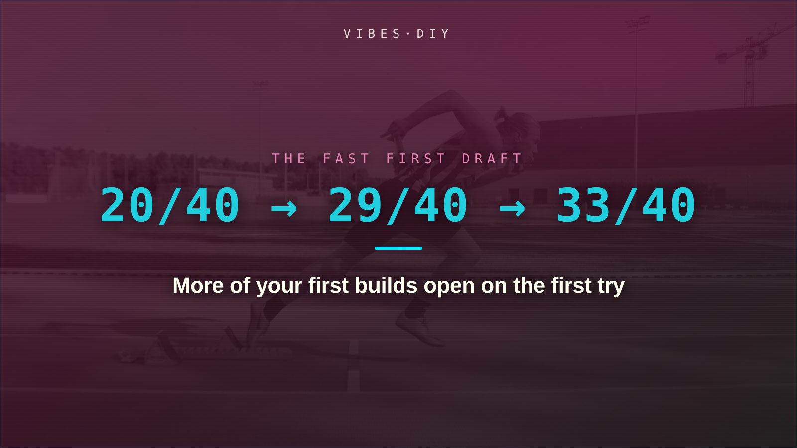 A sprinter driving out of the starting blocks on a running track, in a magenta duotone, with the post title set over it. The title card for a post about the fast first draft of every app.