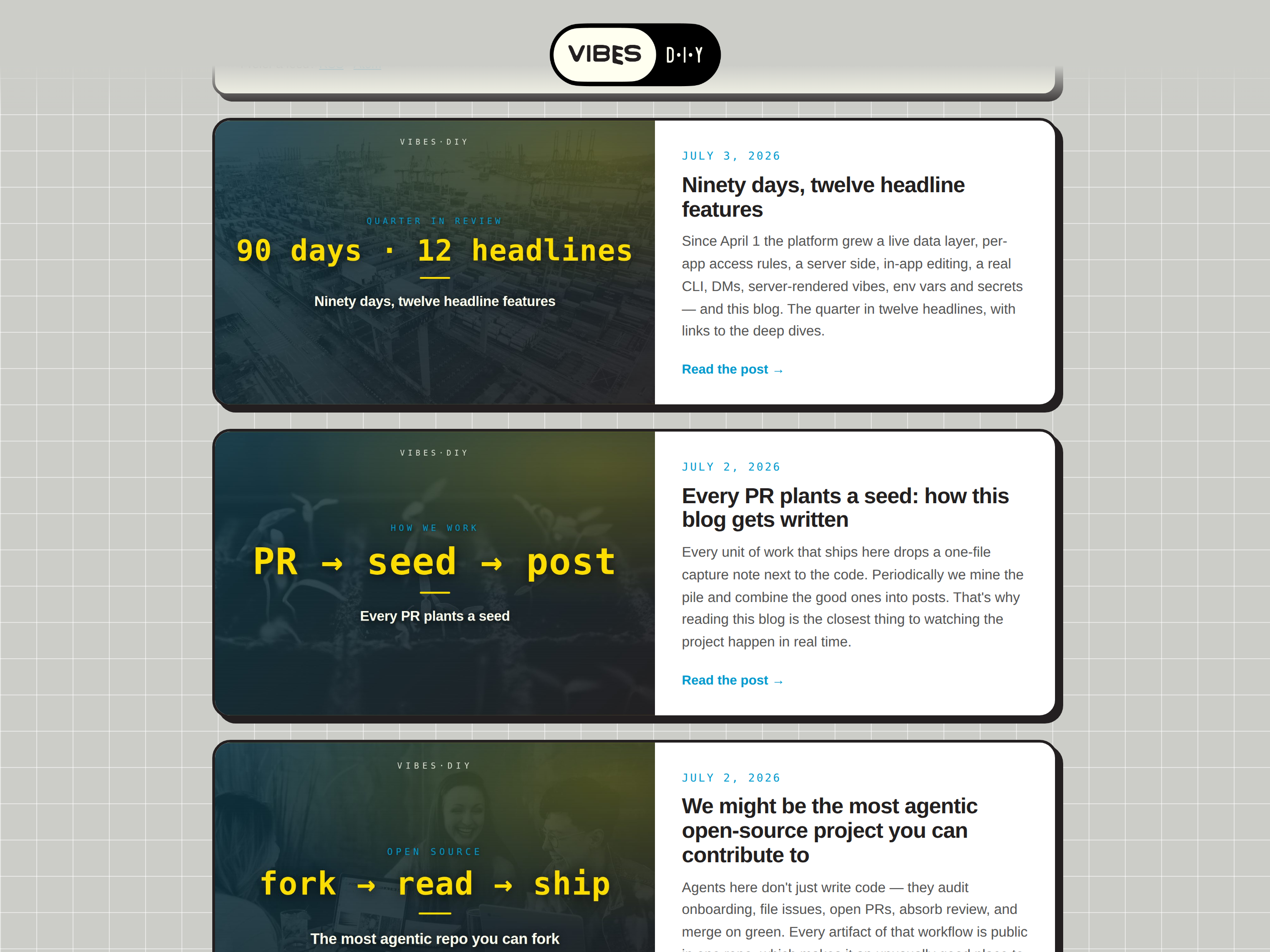 The good.vibes.diy blog index: a grid of post cards with duotone title-card art, each with a date and summary