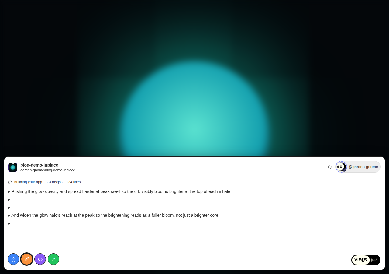 The edit card streaming a build: a pinned 'building your app… · 3 msgs · ~124 lines' line above the streaming transform text, with the app rendering behind it.