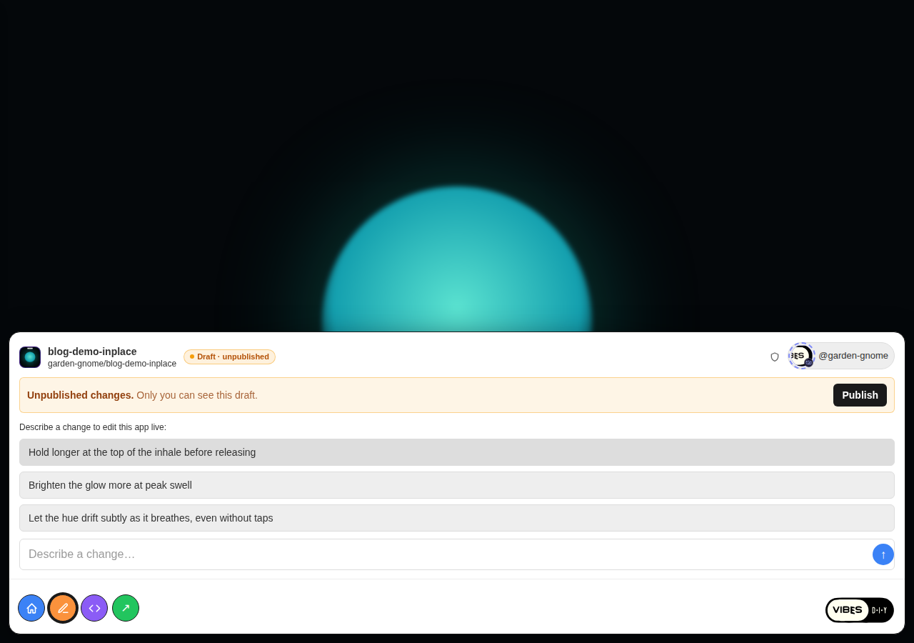 The edit card after a chip click: a 'Draft · unpublished' badge, an 'Unpublished changes. Only you can see this draft.' banner with a Publish button, and a refreshed set of chips.