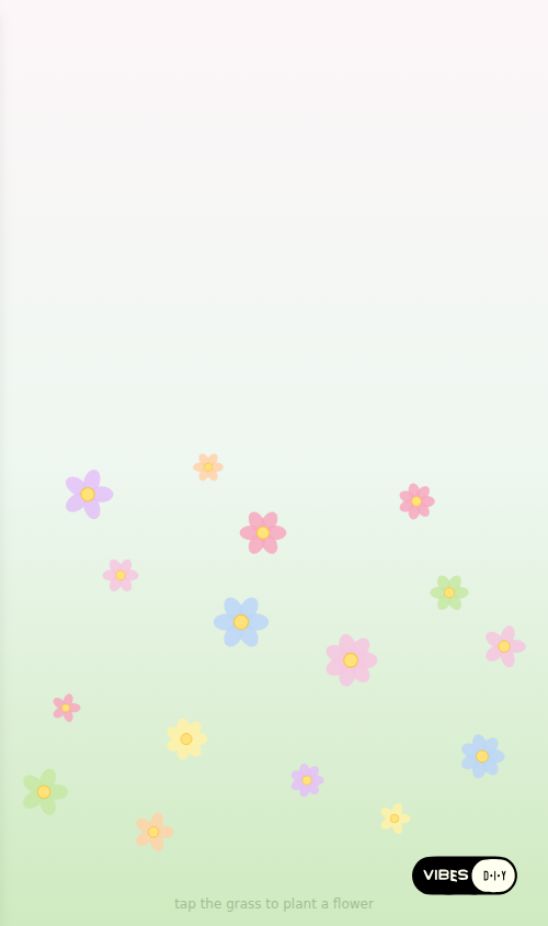 A shared meadow vibe on mobile: a dozen-plus colorful flowers scattered across a soft green gradient, with a faint 'tap the grass to plant a flower' hint at the bottom