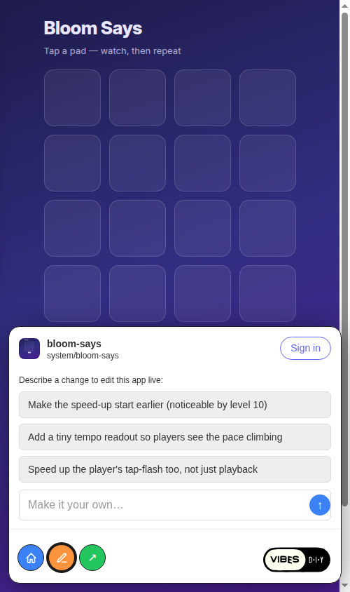 The expanded /vibe switch on mobile: a 'Make it your own…' box, three suggestion chips, and Home / Edit / Share controls below the running app