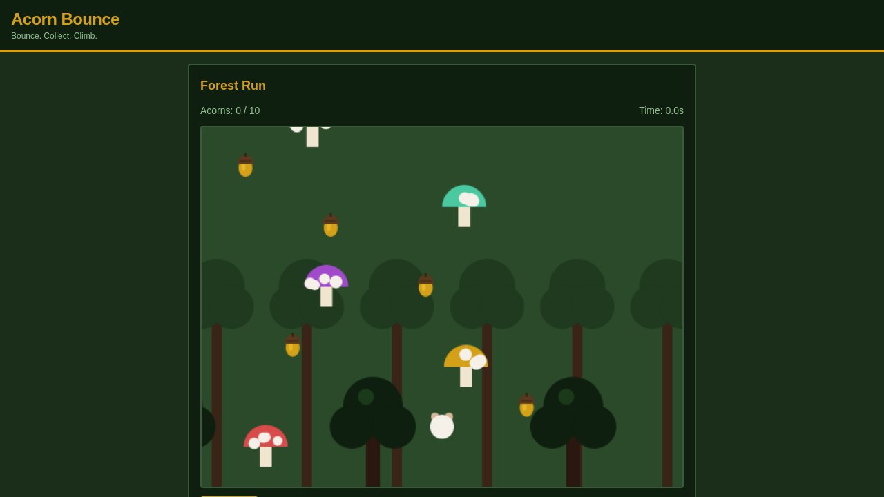 Acorn Bounce — a forest platformer with acorns to collect among trees and mushrooms