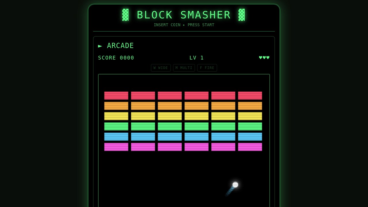 Block Smasher — a CRT-styled breakout arcade game with colored brick rows