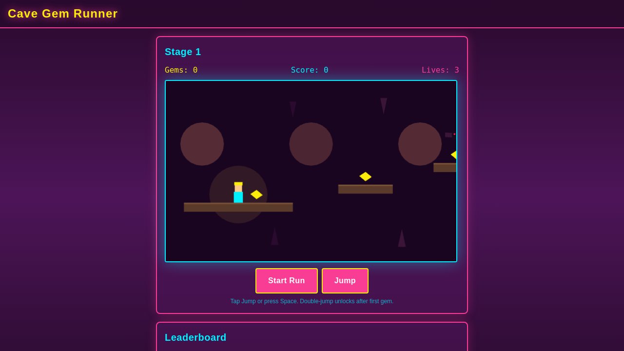 Cave Gem Runner — a neon cave platformer with a player, gems, and Start Run / Jump buttons