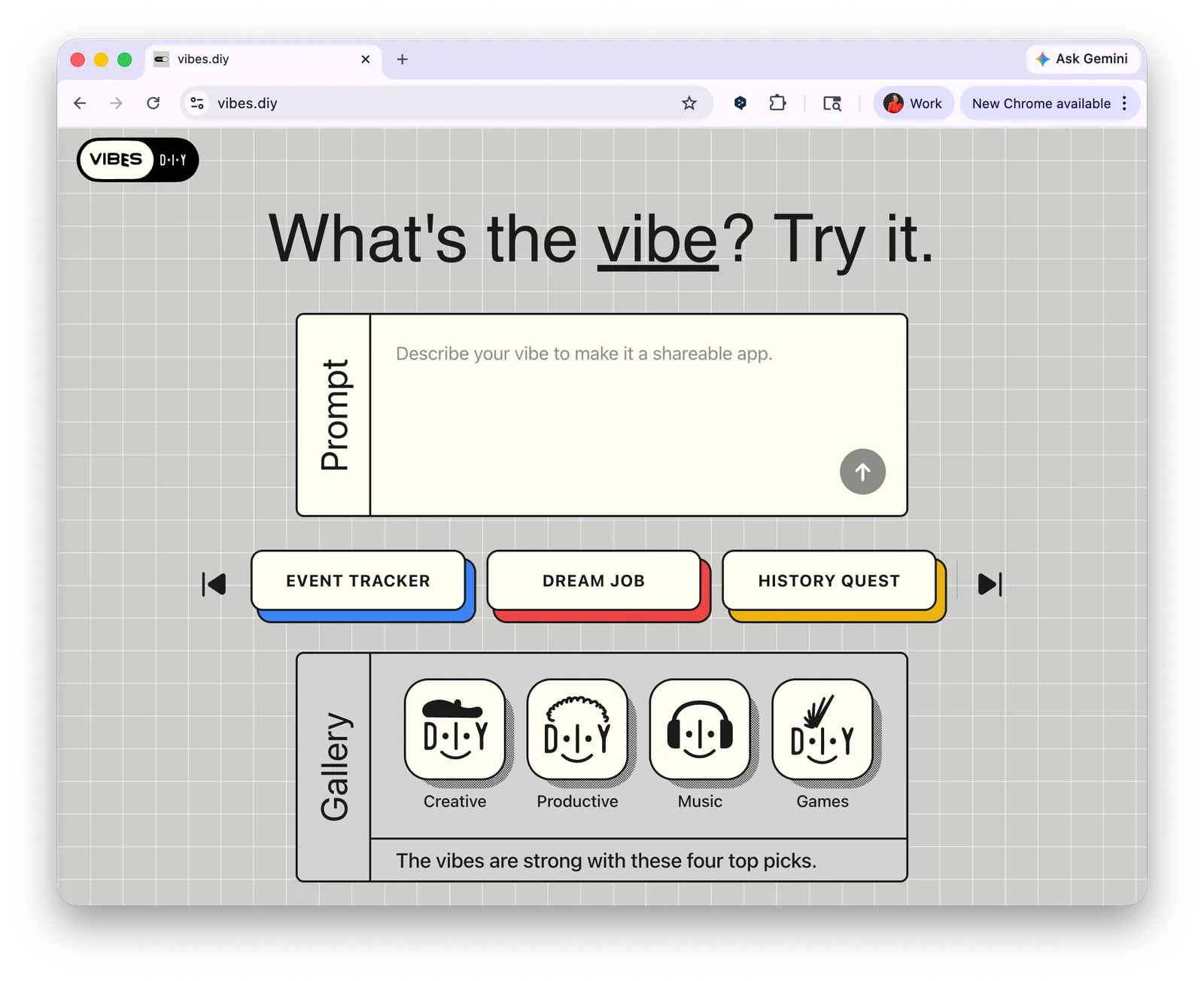vibes.diy homepage — What's the vibe? Try it.