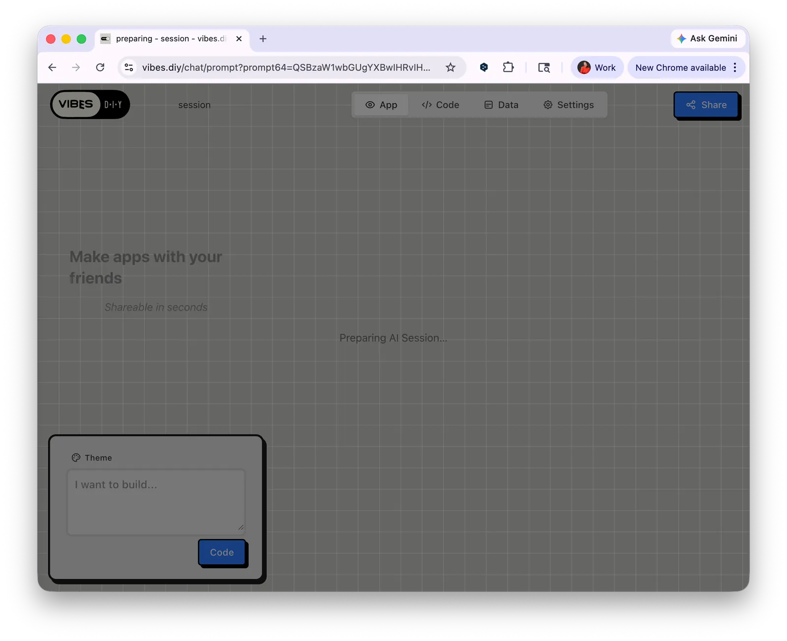 Preparing AI session — the builder interface loading