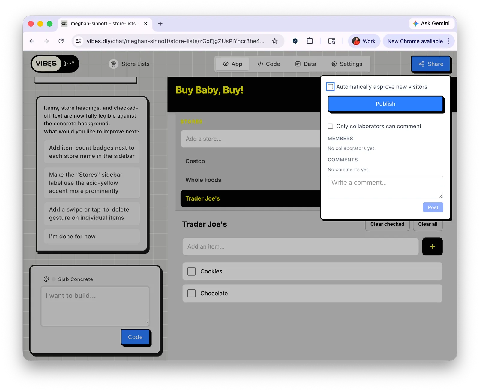 Share panel open with Publish button and visitor approval settings