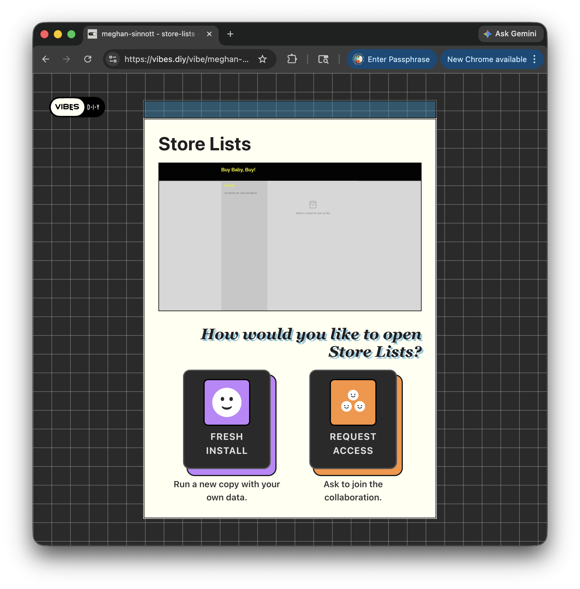 Landing page showing the Request Access option with a preview of the app