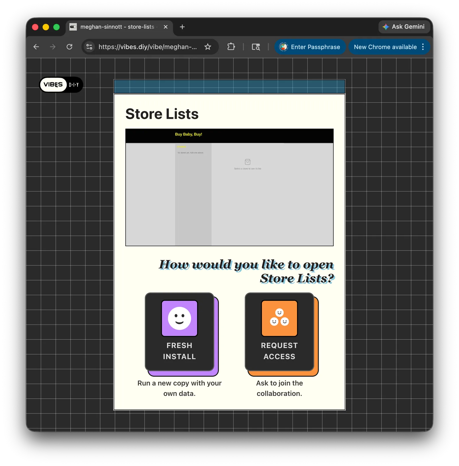 Landing page showing the Request Access option with a preview of the app