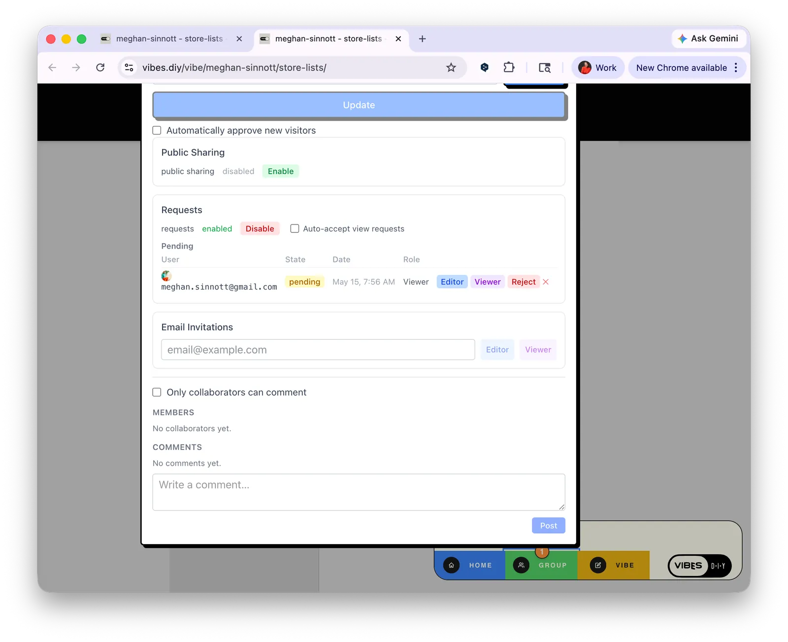 Share panel showing pending request from meghan.sinnott@gmail.com